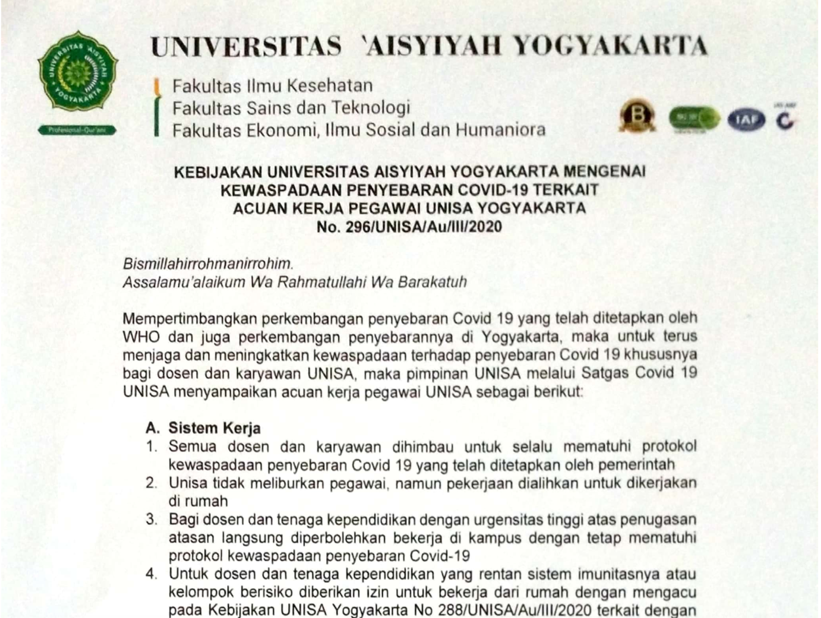 Rektor unisa yogyakarta terbitkan kebijakan pegawai bekerja di rumah untuk cegah covid 19