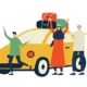 Back to hometown flat illustration with characters